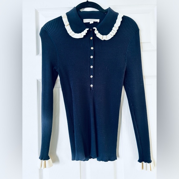 LOFT Elegant Navy 3/4 Button Down Sweater with White Accents Large - Picture 4 of 4